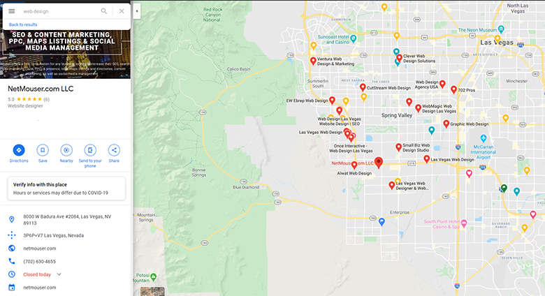 Example of a Google My Business listing / Local Search Listing found on Google Maps for Netmouser Web Design in Las Vegas, NV